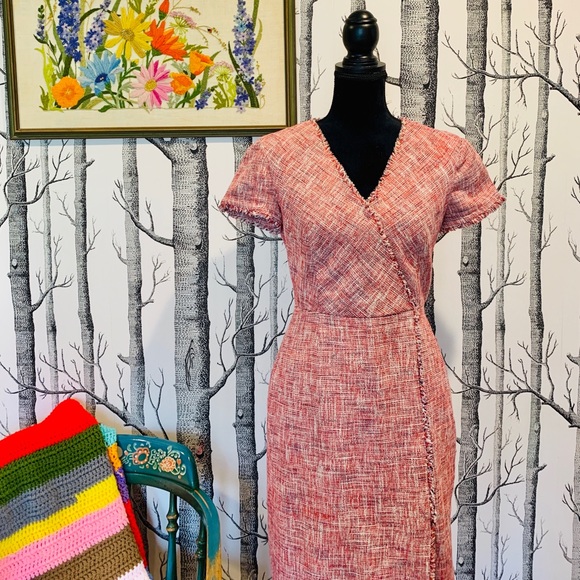 Banana Republic Dresses & Skirts - Banana Republic Tweed Red Pink Faux Wrap Dress
